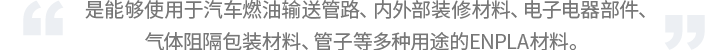 是能夠使用于汽車燃油輸送管路、內外部裝修材料、電子電器部件、氣體阻隔包裝材料、管子等多種用途的ENPLA材料。